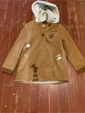 Kids Hooded Coat with Heart & Fork Carrot Details - Tan